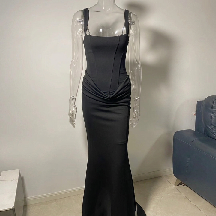 Formal elegant women's long slip dress, strapless design for sophisticated evening wear & occasions.