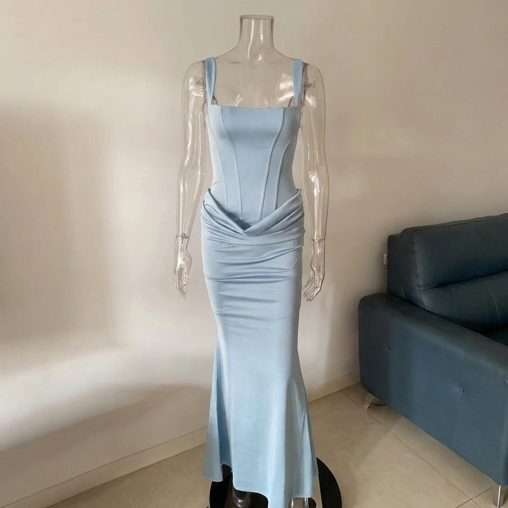 Minimalist women's strapless long slip dress, versatile for elegant summer events & formal occasions.