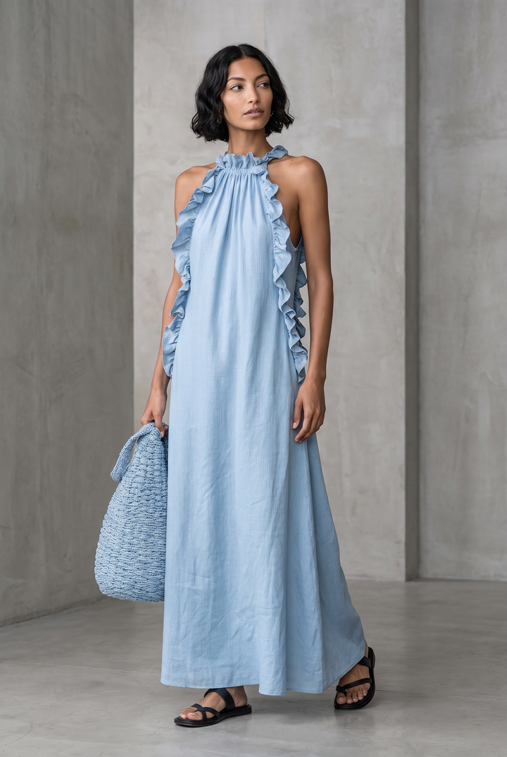 Lightweight women's flowy ruffle sleeveless maxi dress with elegant design, comfortable for summer.