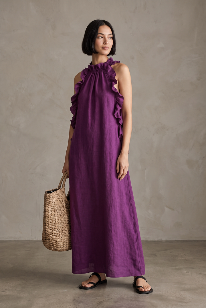 Versatile women's ruffle sleeveless maxi dress; elegant for parties, flowy for casual summer wear.