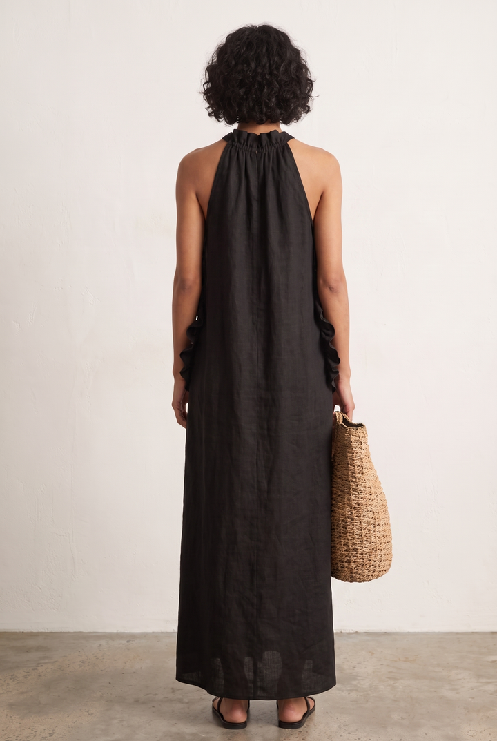 Beautiful women's sleeveless maxi dress featuring elegant ruffles & flowy design, great for summer.