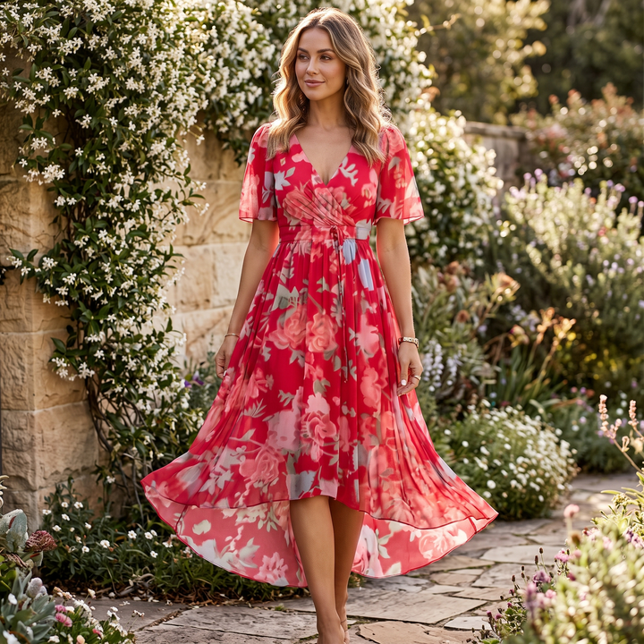 Women's V-neck floral midi dress with flowy flutter sleeves, perfect as a wedding guest dress.