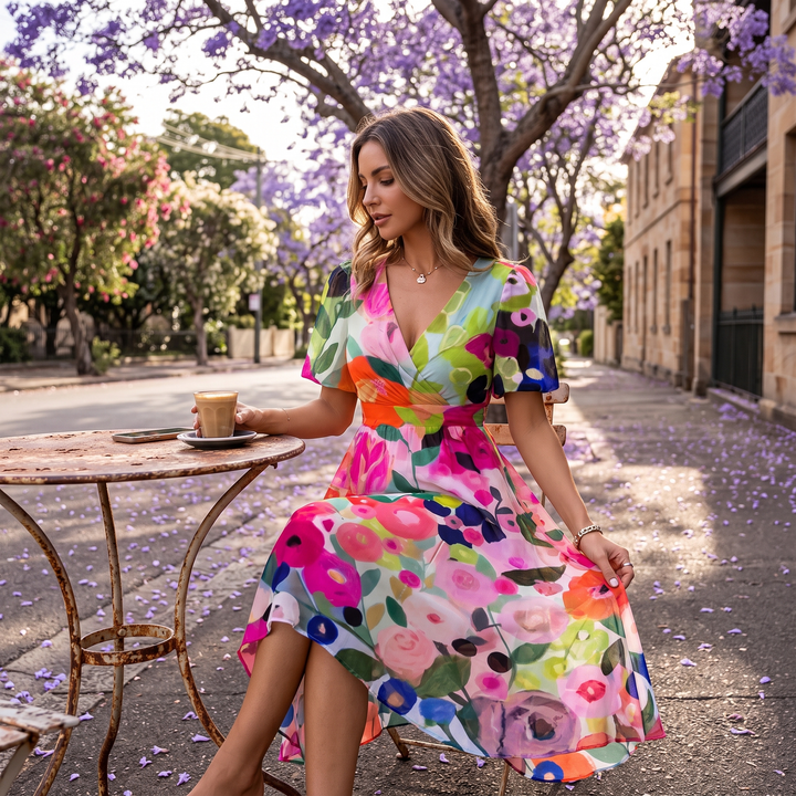 Gorgeous women's floral midi dress, V-neck, flutter sleeves, a versatile piece for elegant occasions.