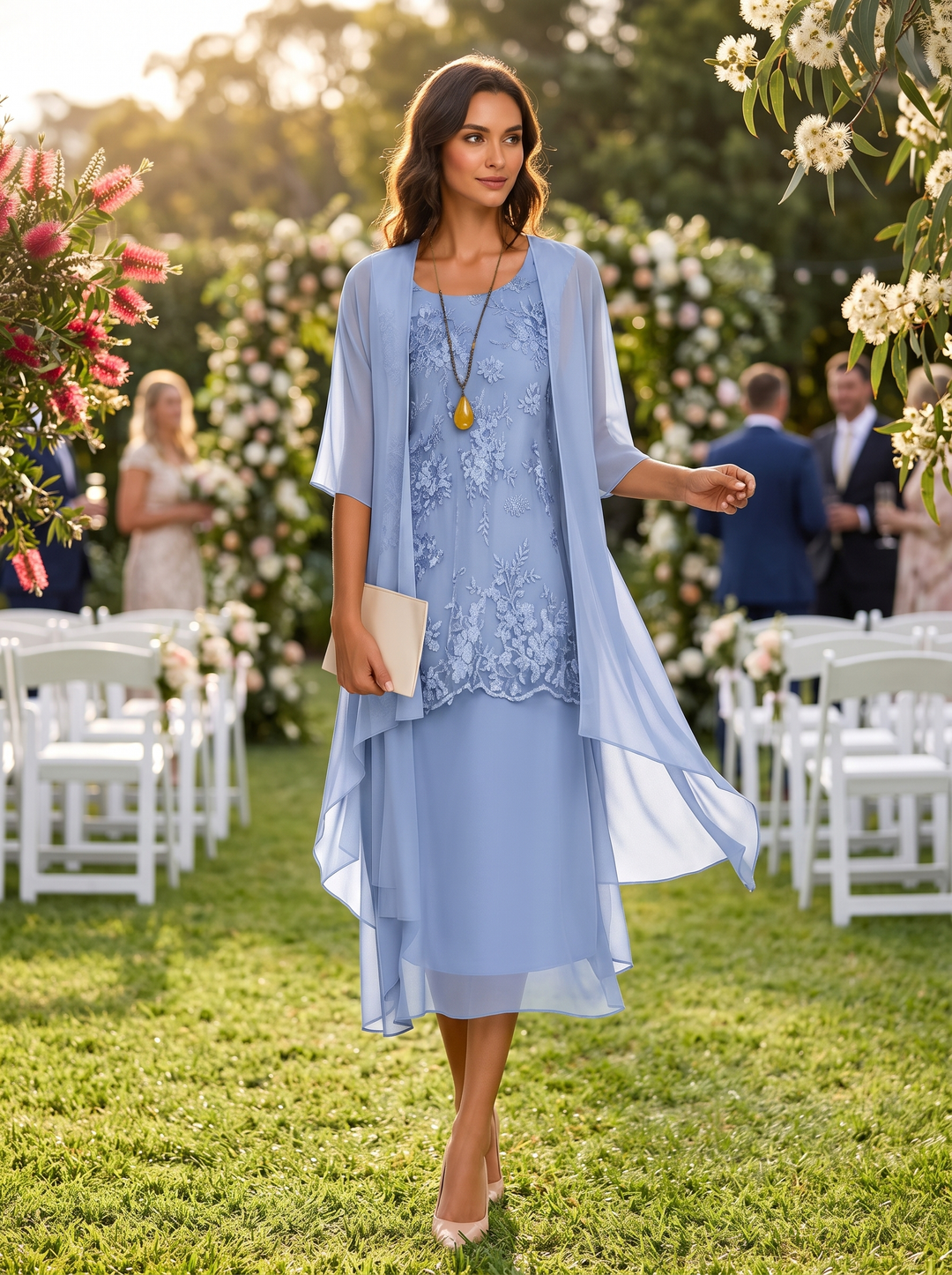 Stylish women's two-piece elegant midi dress & jacket, ideal for formal wedding guest attire.