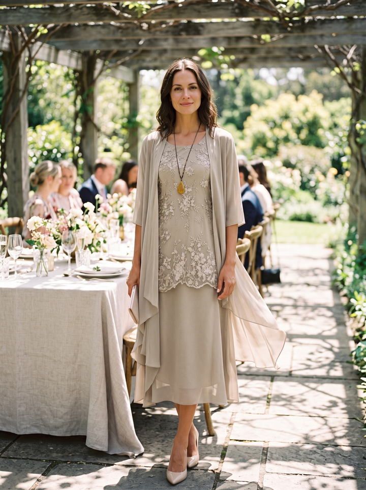 Classic women's midi dress and jacket set, a comfortable choice for any special occasion.