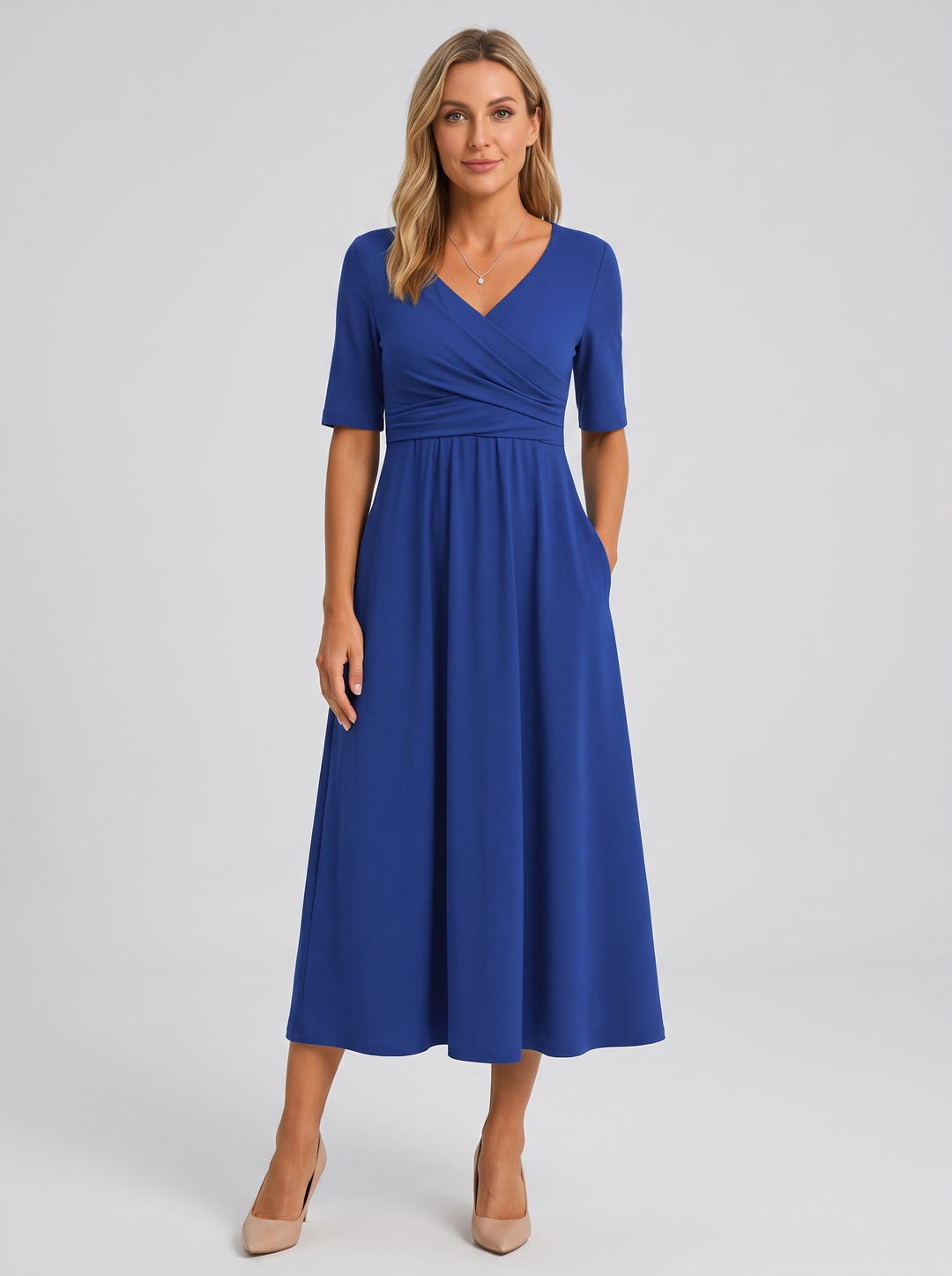 Elegant women's V-neck maxi dress with a flattering wrap style, perfect for versatile wear.