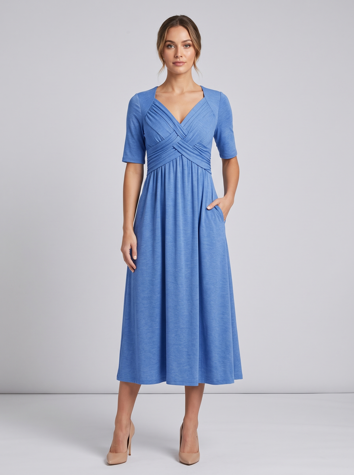A-line V-neck maxi dress, women's flattering wrap style with elegant short sleeves.