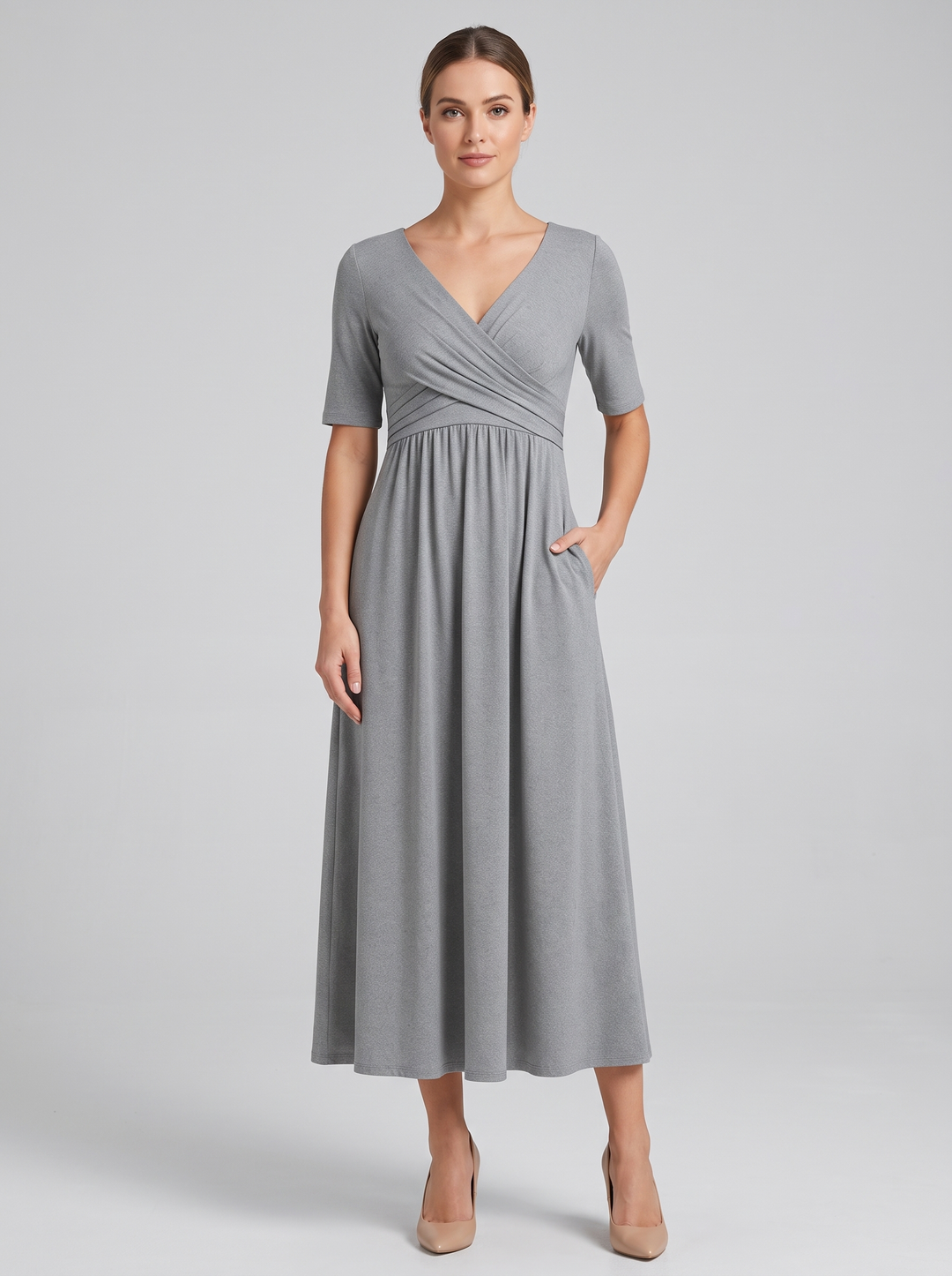 Flattering and comfortable V-neck wrap maxi dress for women, elegant A-line style.