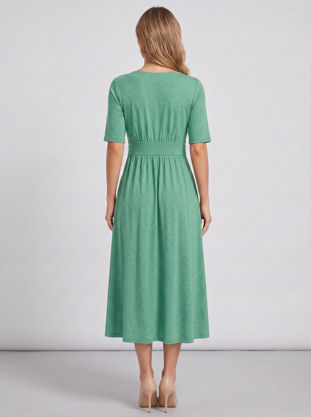 Flowy women's V-neck wrap maxi dress, elegant short sleeve design offering a flattering silhouette.