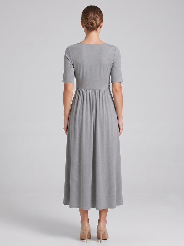 Elegant V-neck wrap maxi dress, women's flattering A-line short sleeve flowy dress.