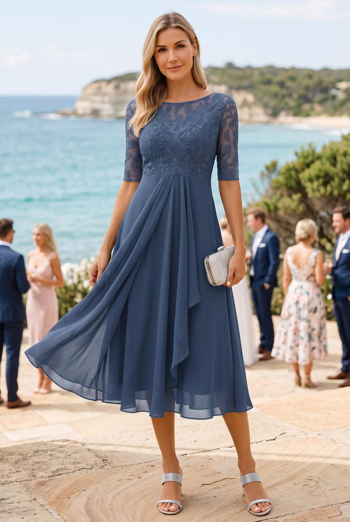 Women's A-line midi dress, three-quarter sleeves, comfortable and stylish for any event.