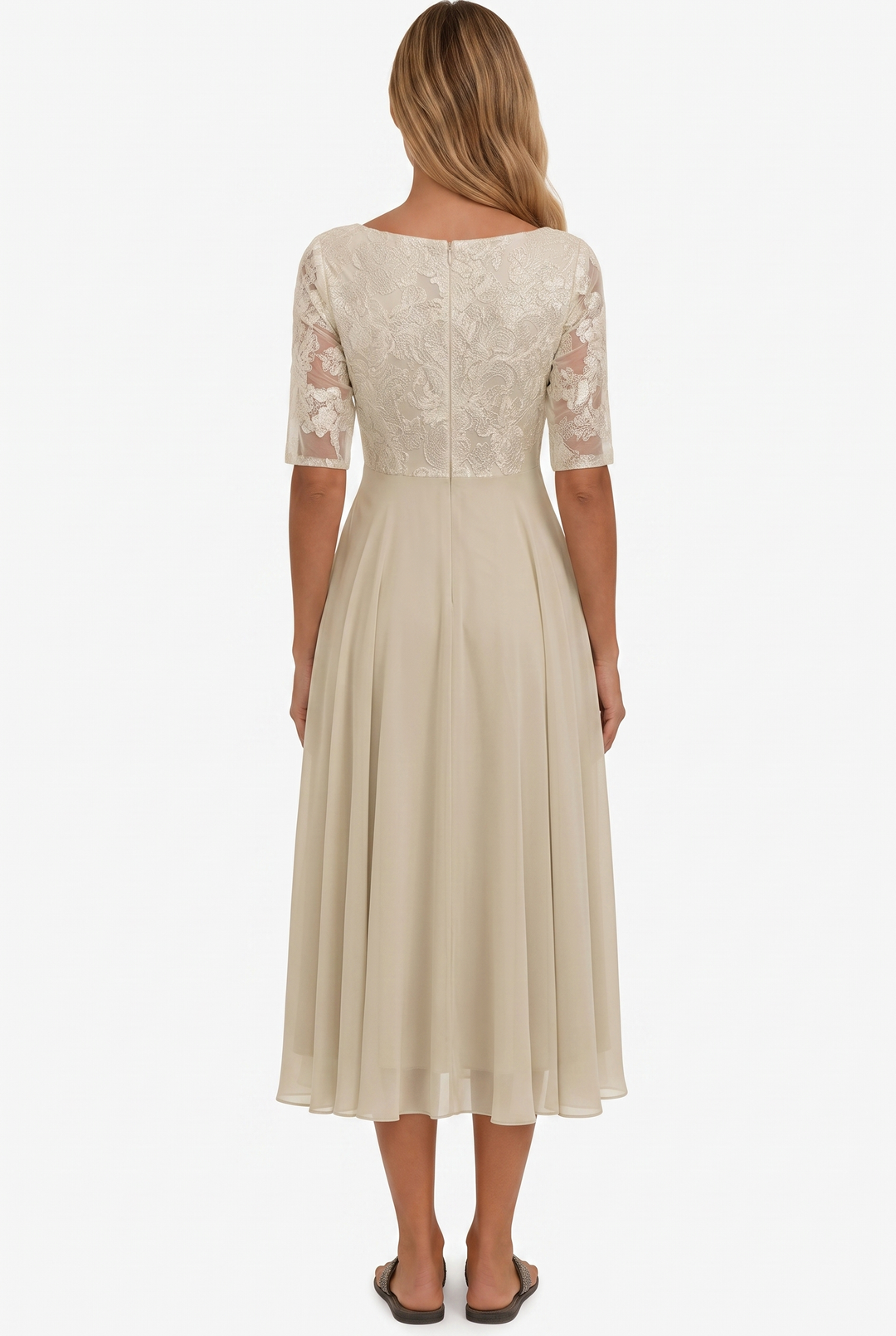 Flowy A-line midi dress for women, chic three-quarter sleeves, perfect for casual or party wear.