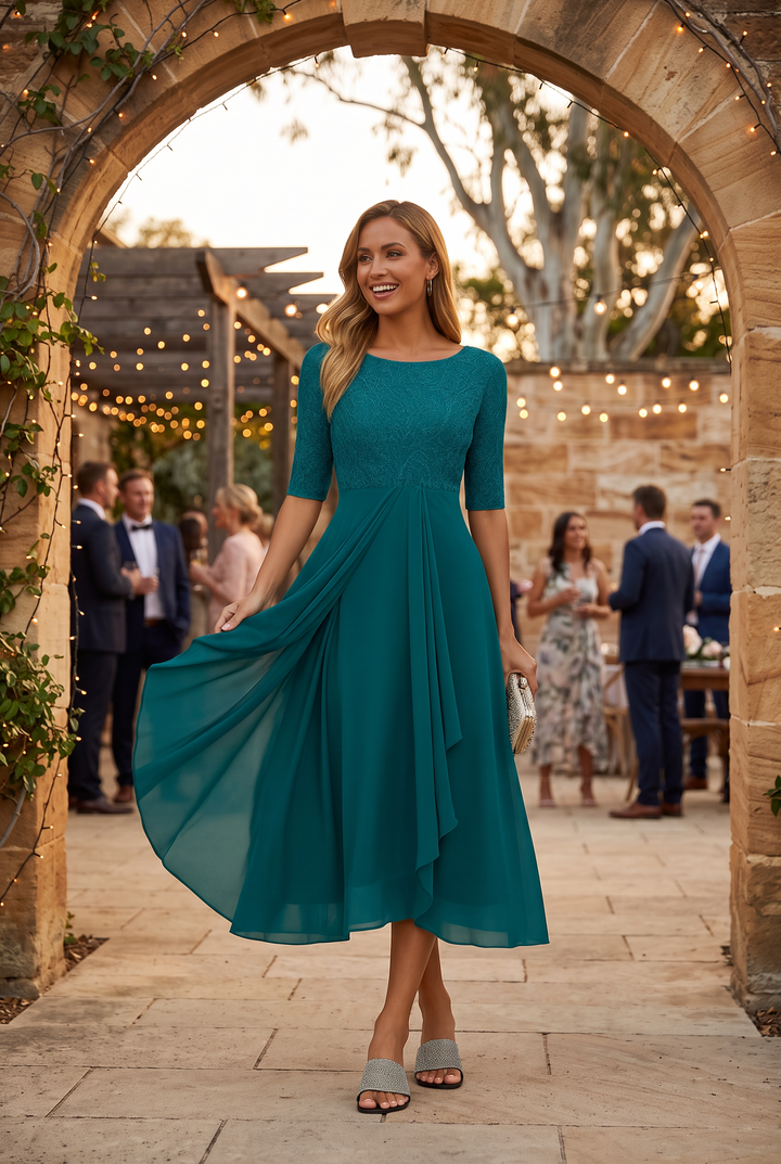 Flowy A-line midi dress for women, comfortable fabric, three-quarter sleeves, ideal for summer.