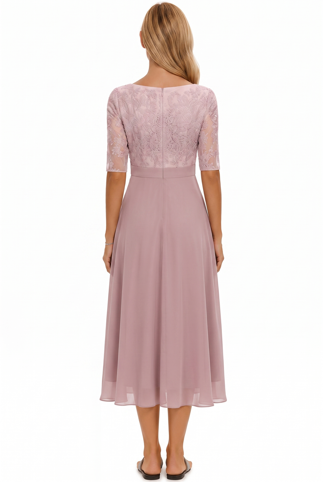 Elegant A-line midi dress for women with three-quarter sleeves, great for parties & wedding guests.