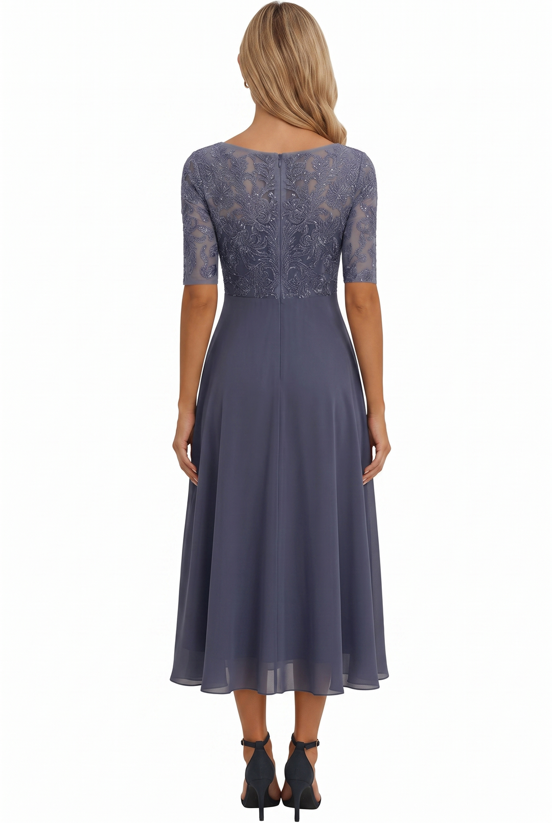 Stylish women's A-line midi dress with three-quarter sleeves, suitable for wedding guests.