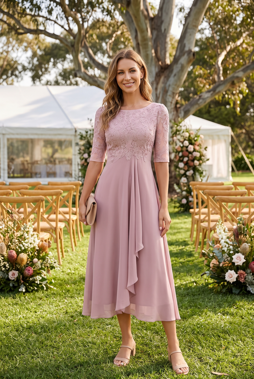 Elegant women's A-line midi dress with three-quarter sleeves, perfect for a sophisticated look.