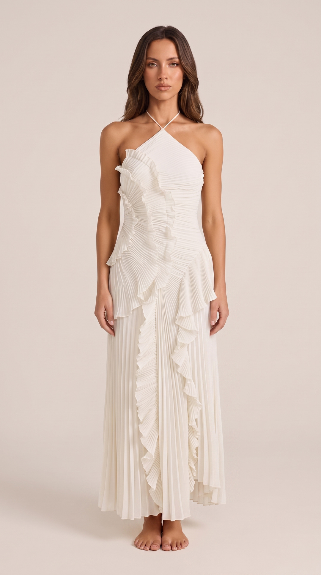 Women's elegant party dress with a stylish halterneck, flowing maxi skirt, and fashionable asymmetric ruffle detail.