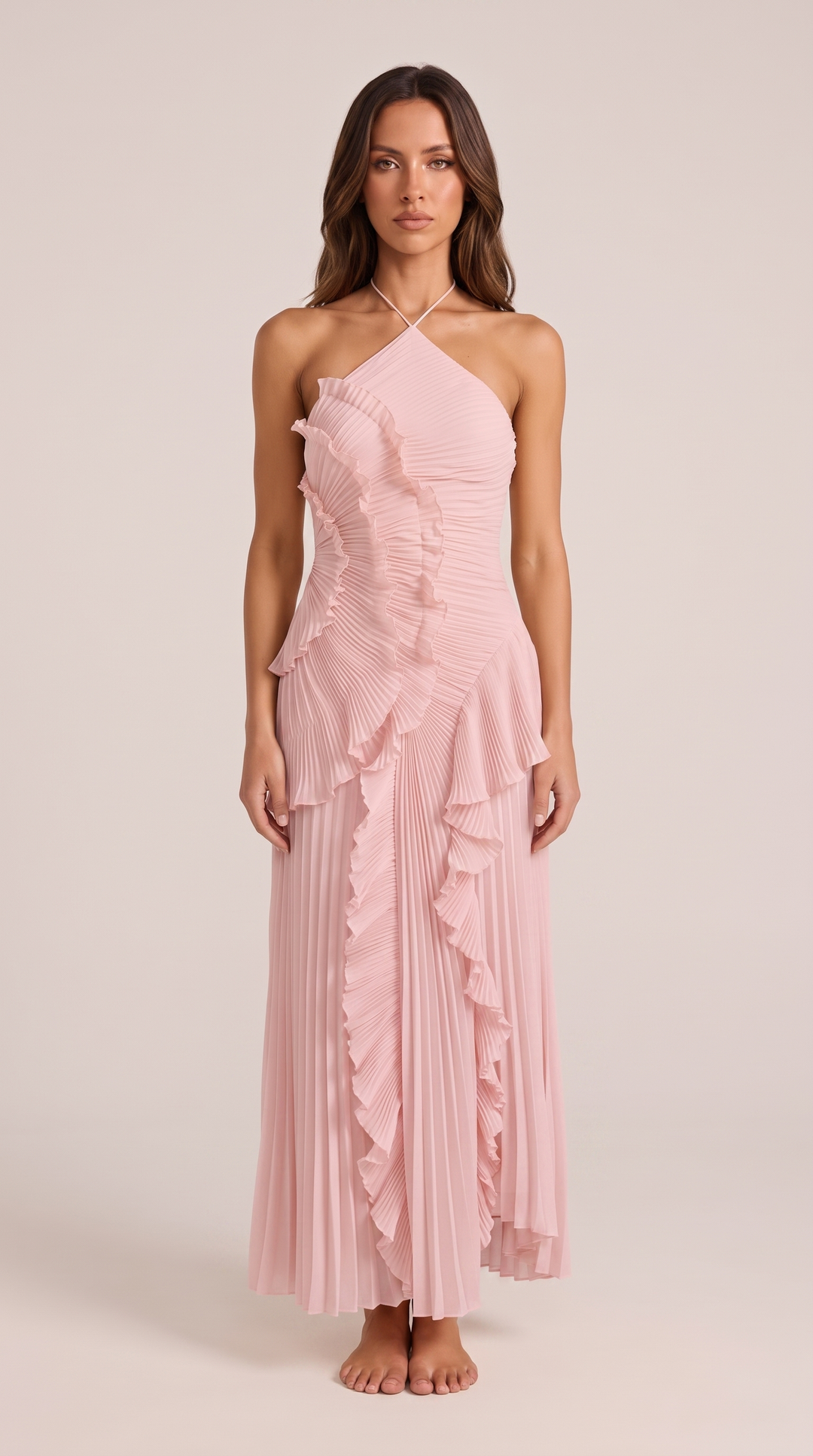 Beautiful flowy maxi dress, a sleeveless halterneck design with a chic asymmetric ruffle, ideal for vacation wear.