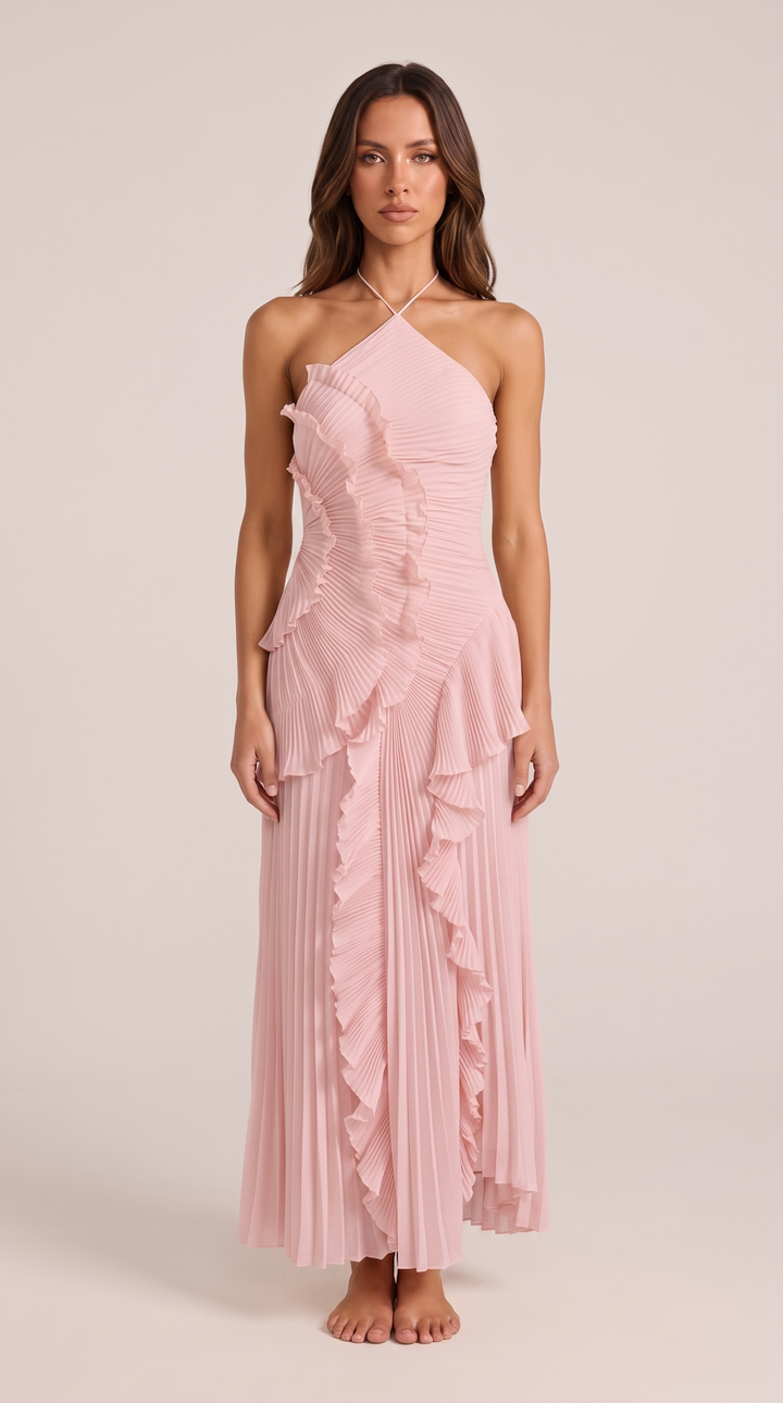 Beautiful flowy maxi dress, a sleeveless halterneck design with a chic asymmetric ruffle, ideal for vacation wear.