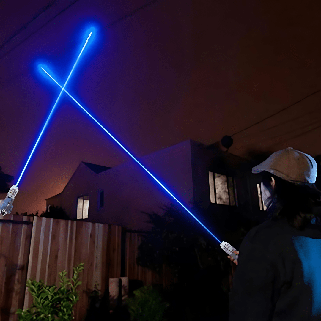 Portable high power blue laser pointer. Ideal for outdoor adventures, astronomy, presentations, and long-distance signaling.