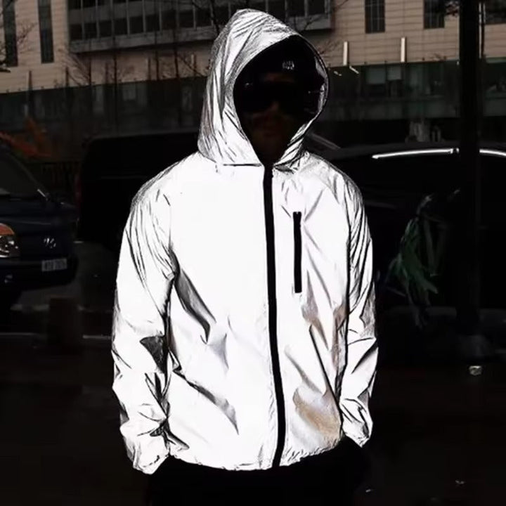Lightweight unisex high-vis outdoor jacket, windproof & waterproof for hiking, running, or active use.