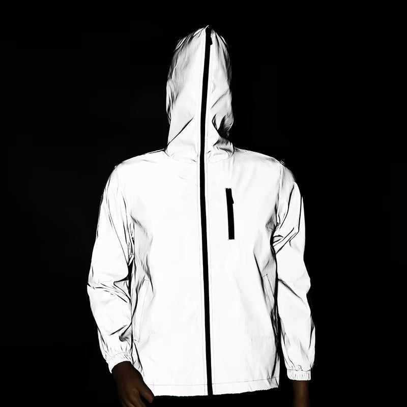 Premium high-visibility reflective rain jacket ensures safety during low light activities for men & women.