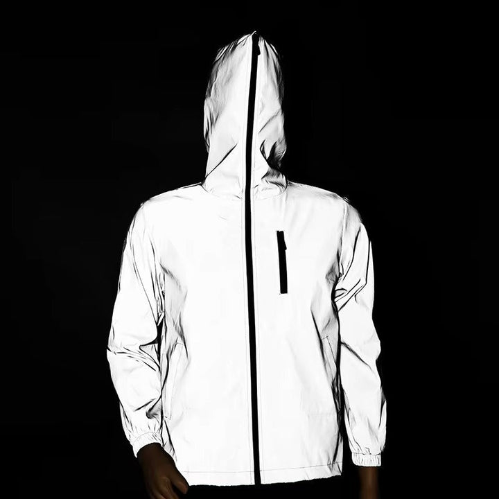 Premium high-visibility reflective rain jacket ensures safety during low light activities for men & women.