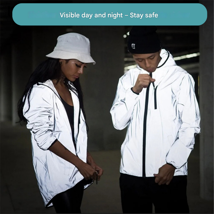 Stylish unisex reflective waterproof activewear jacket, perfect for men and women's outdoor adventures.