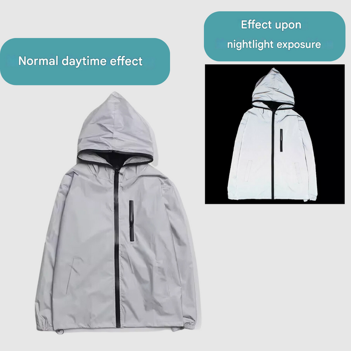 LumiSafe high-visibility reflective waterproof unisex rain jacket, lightweight & windproof for cycling.