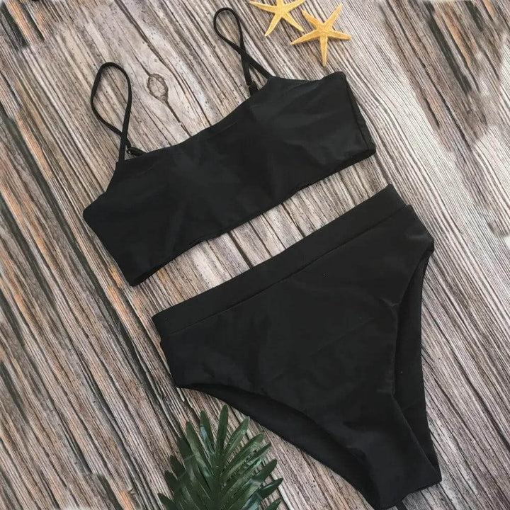Two-piece women's high-waisted padded bikini set, offering a flattering fit & tummy control for beachwear.