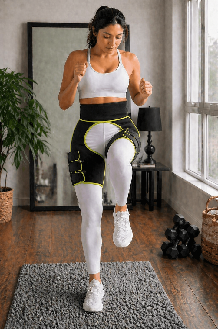 Unisex adjustable hip & thigh support for body shaping, muscle stability, and pain management during activity.