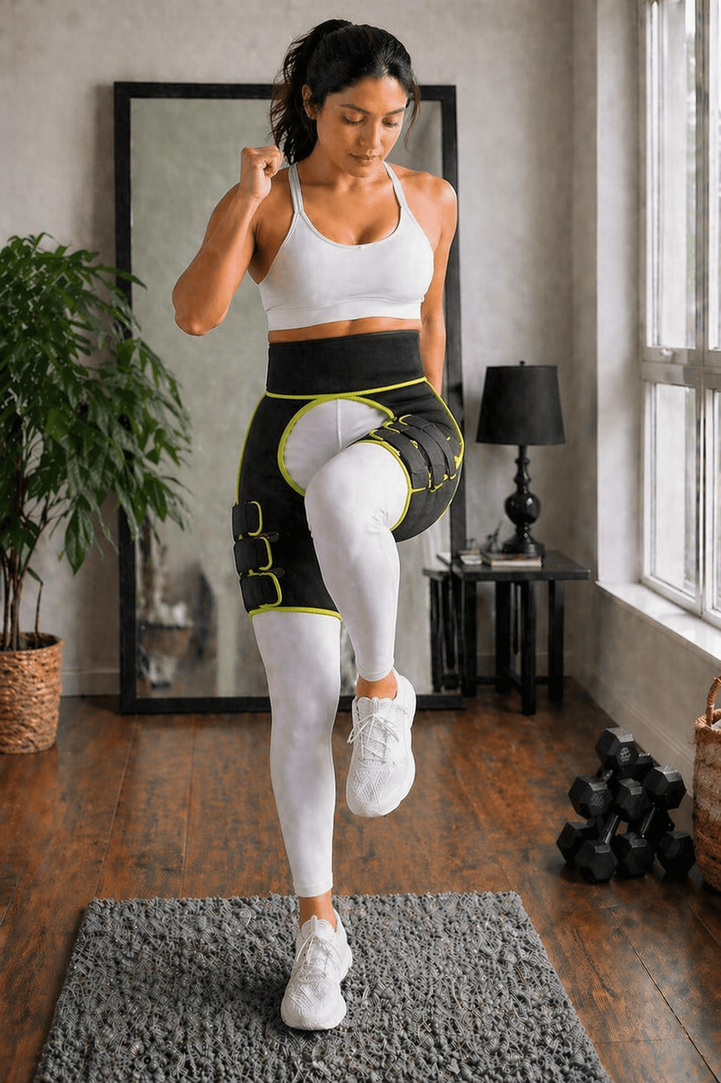 Black adjustable hip and thigh brace, providing targeted compression & pain relief for gym workouts & sports.
