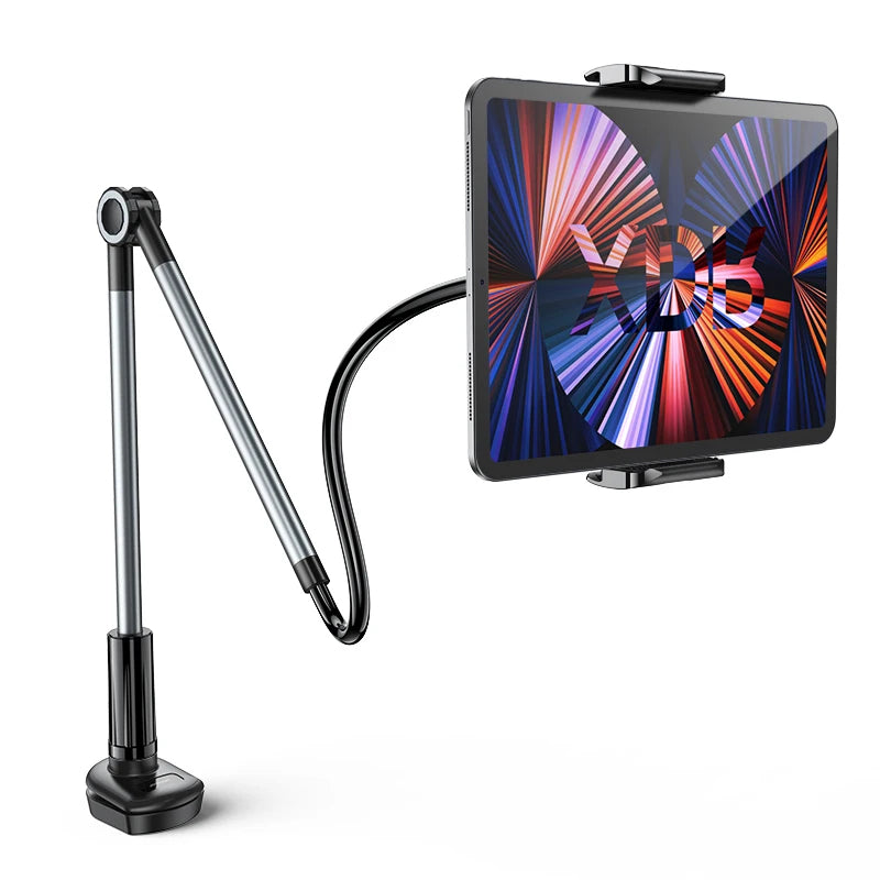 Black universal phone stand with an adjustable clip, ideal for handsfree video calls or streaming content.