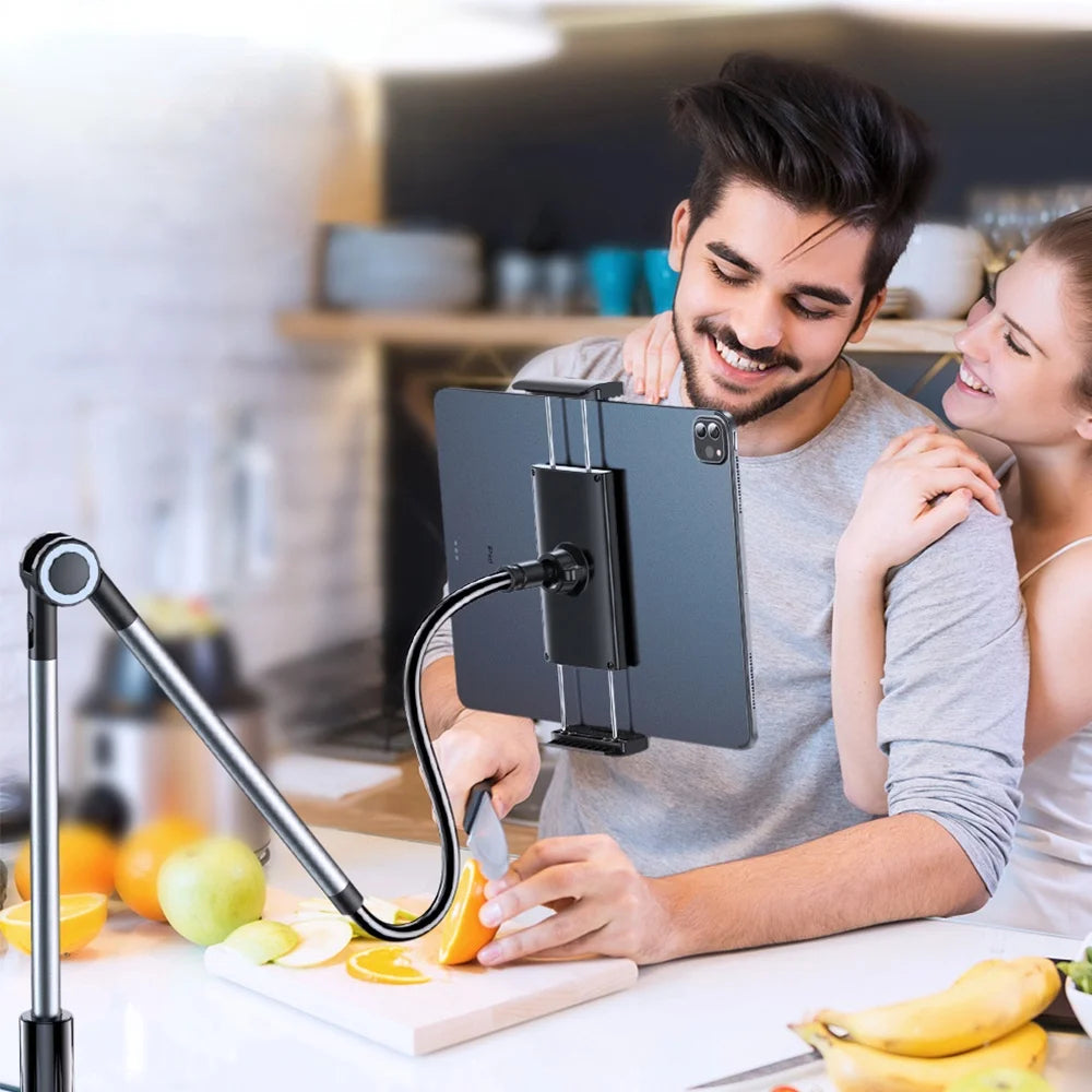 Tablet mount with a strong adjustable clip, securely holding your device for comfortable hands-free use.