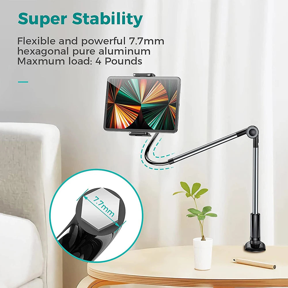 White adjustable universal phone & tablet holder clip for desks, offering secure hands-free viewing angles.