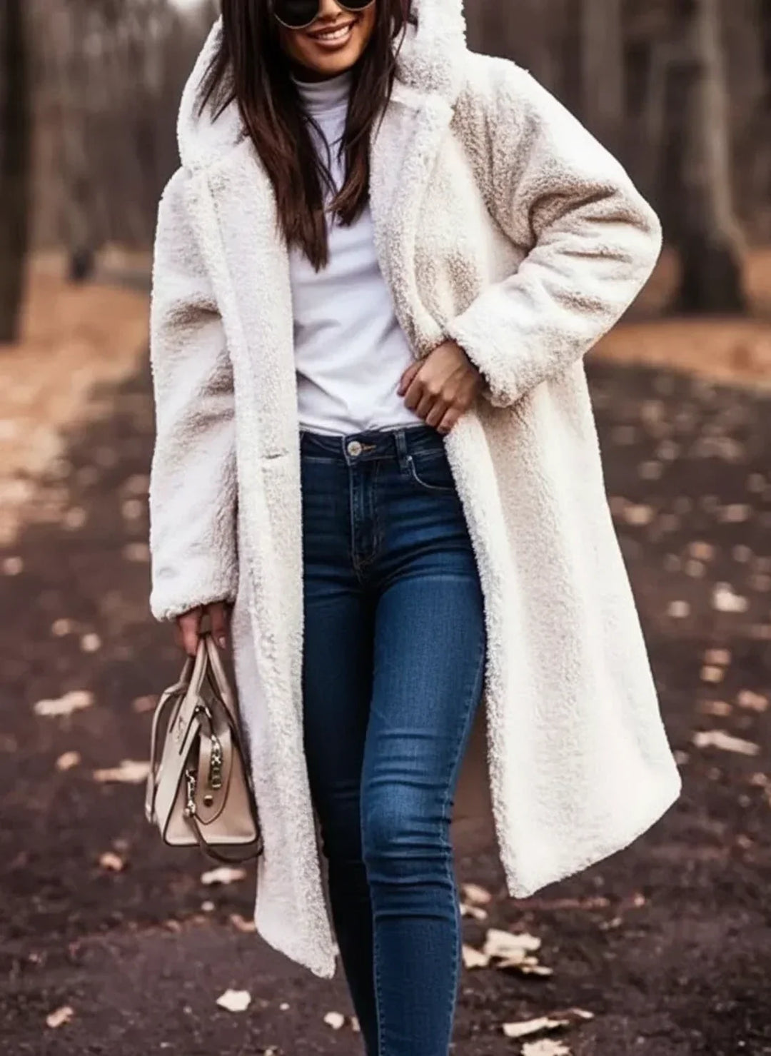 Front view of a women's beige oversized hooded winter coat, buttoned up for warmth. Plush & stylish winter outerwear.