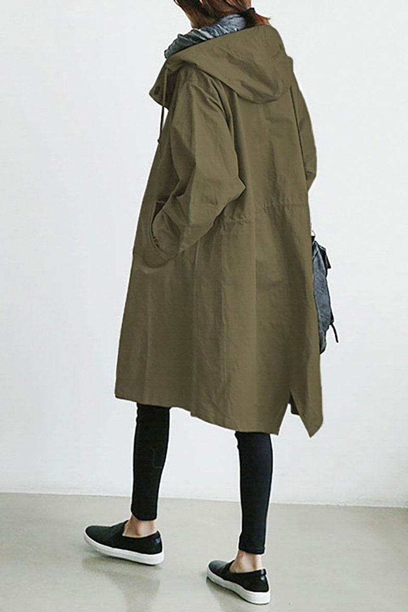 Practical women's hooded waterproof rain jacket, lightweight & essential outerwear for wet spring weather.