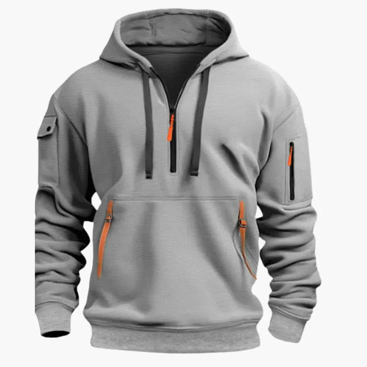 Comfortable men's all-season hoodie, long-sleeve, with adjustable hood and practical secure pockets.