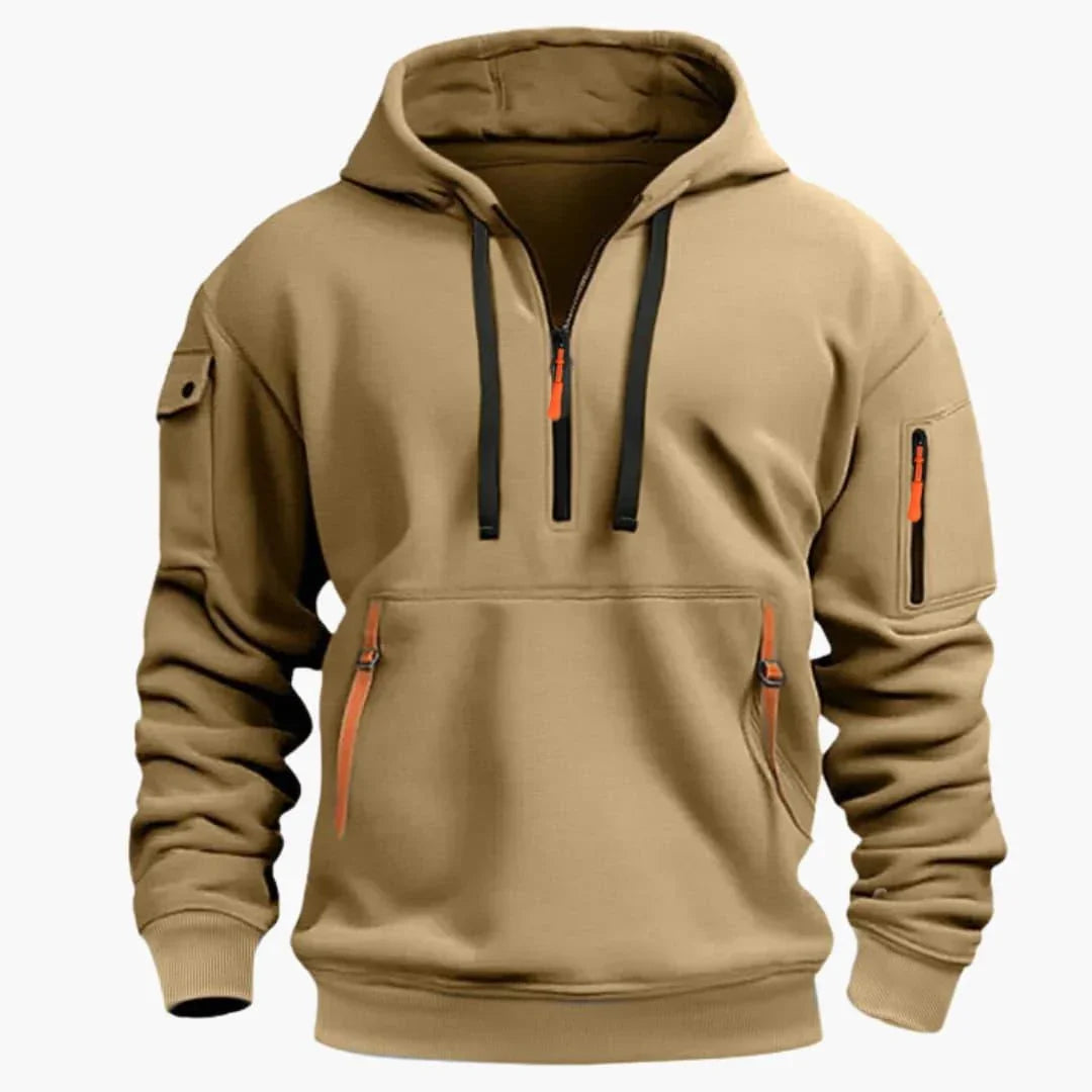 Stylish men's casual hoodie featuring an adjustable hood and secure zipper pockets, perfect for versatile wear.