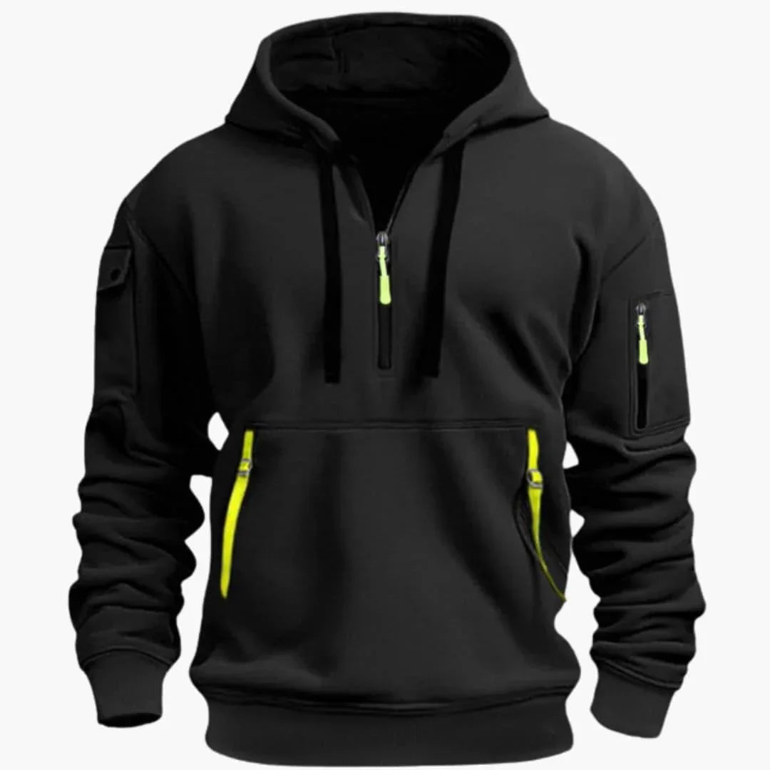 Men's activewear hoodie with adjustable hood, secure zipper pockets, and comfortable long sleeves for outdoor use.