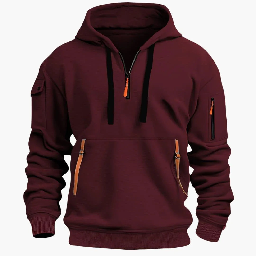 Men's long-sleeve casual hoodie with a customizable adjustable hood and practical secure zipper pockets.