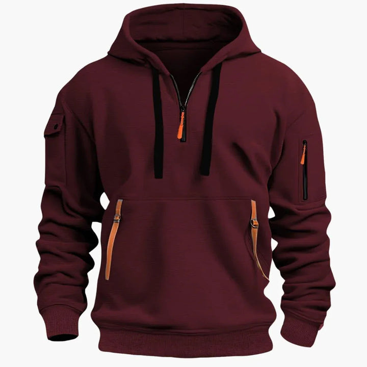 Men's long-sleeve casual hoodie with a customizable adjustable hood and practical secure zipper pockets.
