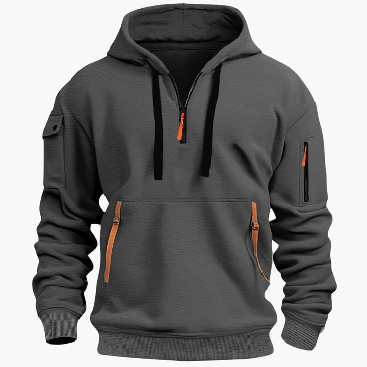 Versatile men's everyday hoodie, comfortable with an adjustable hood & secure pockets, suitable for activities.