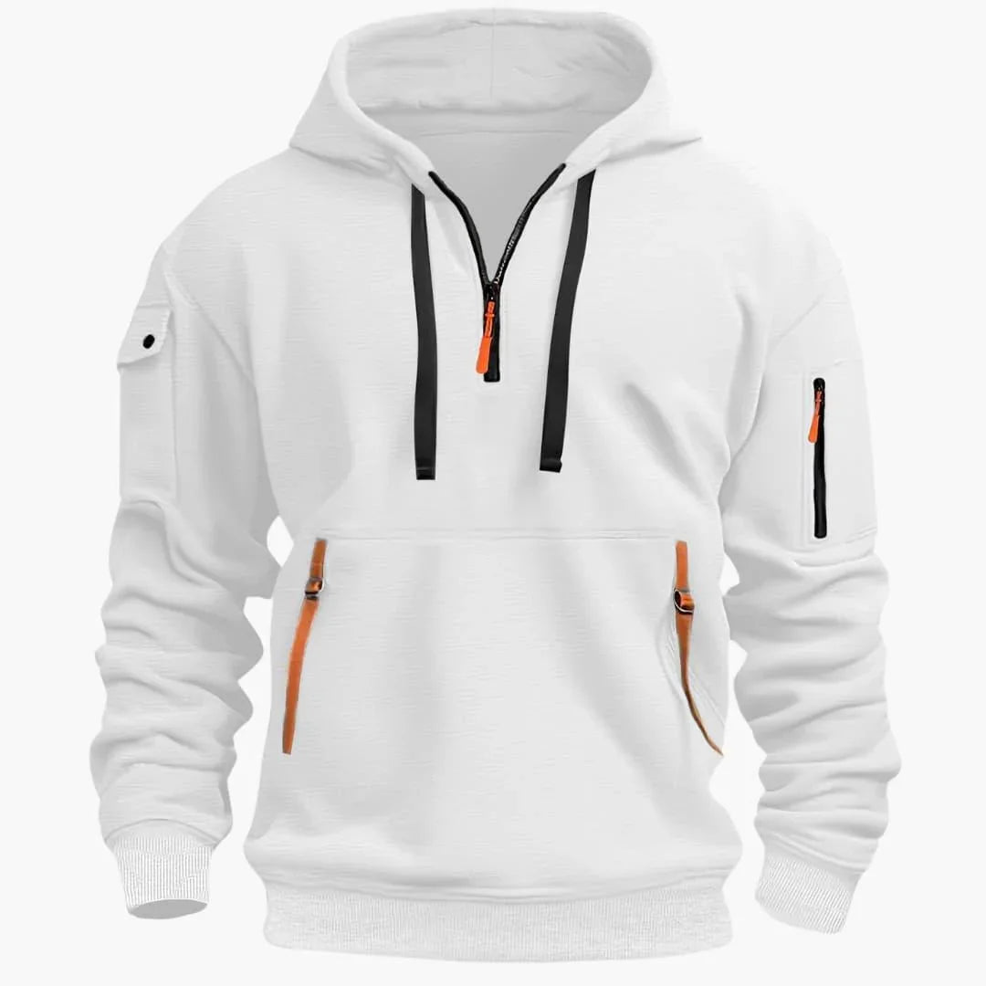 Men's comfortable long-sleeve hoodie featuring an adjustable hood and secure zipper pockets for casual wear.