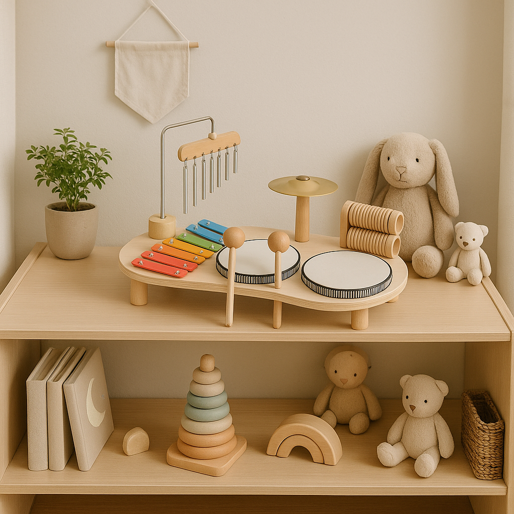 Baby's hands playing wooden xylophone & mallet, developing musical skills & sensory perception.