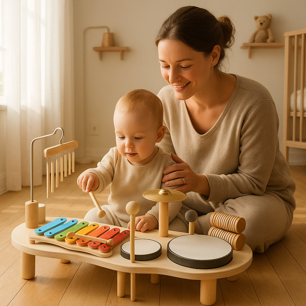 Colorful baby wooden musical instrument set for sensory development & toddler music play. Eco-friendly gift.