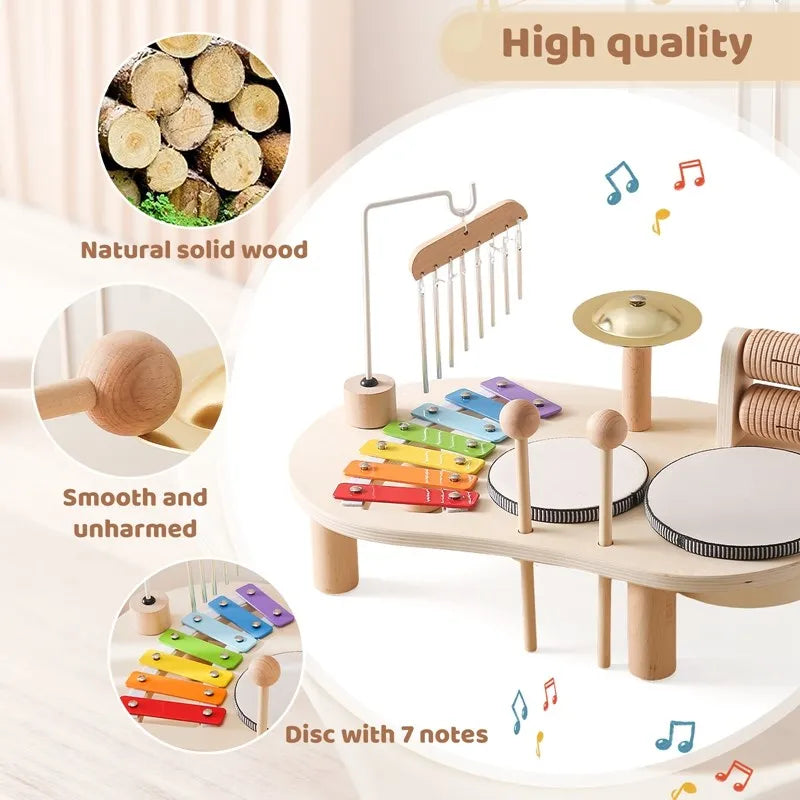 Assorted wooden instruments: shakers, maracas, bells, & xylophone for baby sensory & music development.