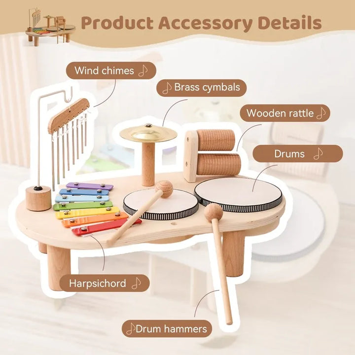 Wooden musical toy set aiding baby's sensory development, fine motor skills, & early musical education.
