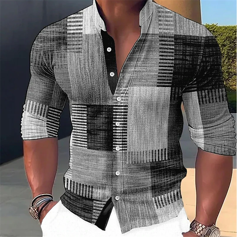 Men's stylish long-sleeve shirt with patchwork geometric print and mandarin collar, perfect for casual summer fashion.