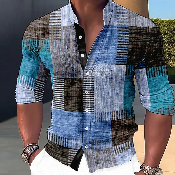 Relaxed fit men's casual shirt featuring a trendy patchwork print, long sleeves, and a sleek mandarin collar.